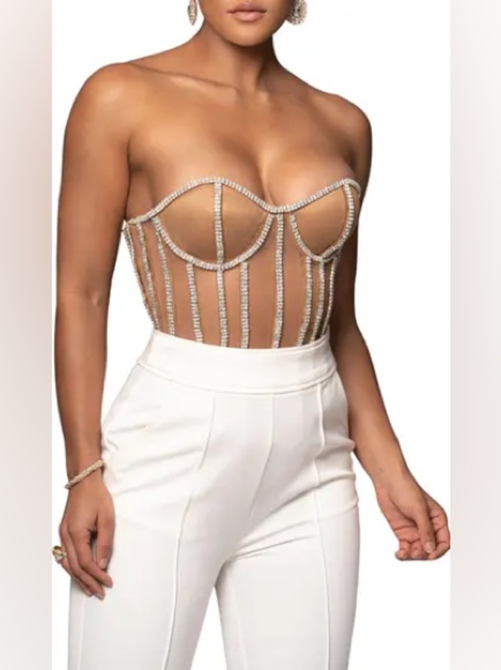 JLUXLABEL Tan Mesh Corset with Rhinestone Accents S